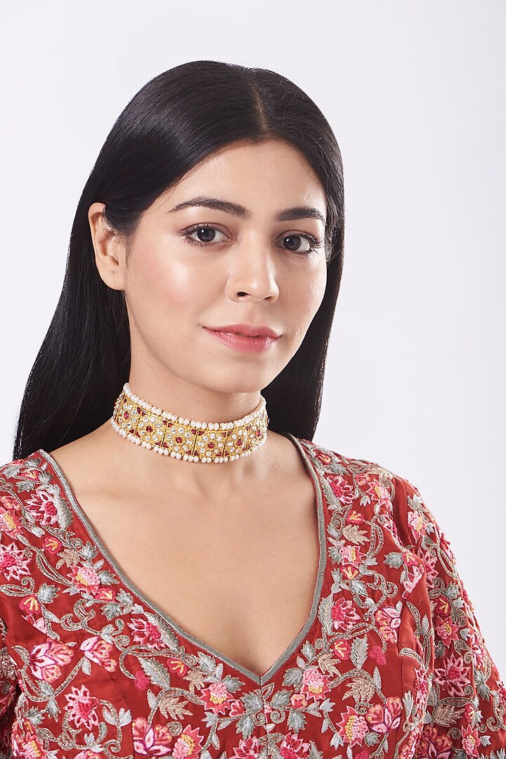 Gold Finish Kundan Polki & Pearls Necklace In Sterling Silver by Vinanti Manji at Pernia's Pop Up Shop