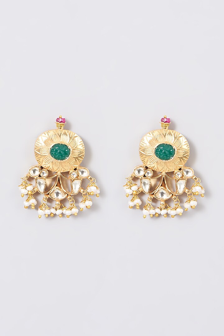 Gold Finish Pearl & Green Onyx Stone Earrings In Sterling Silver by Vinanti Manji at Pernia's Pop Up Shop