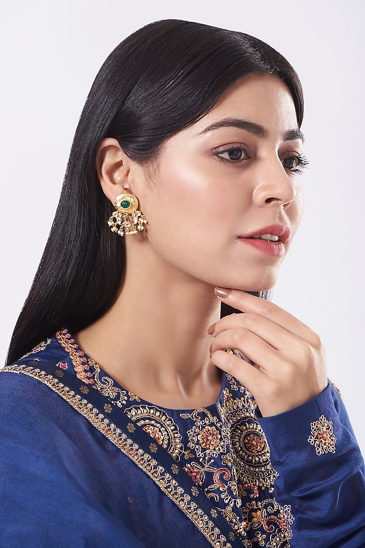 Gold Finish Pearl & Green Onyx Stone Earrings In Sterling Silver by Vinanti Manji at Pernia's Pop Up Shop