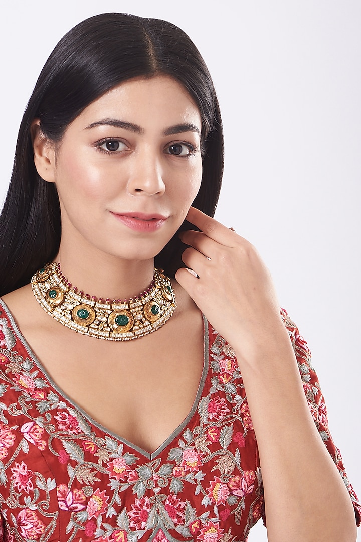 Gold Finish Pearl & Kemp Stone Necklace In Sterling Silver by Vinanti Manji at Pernia's Pop Up Shop