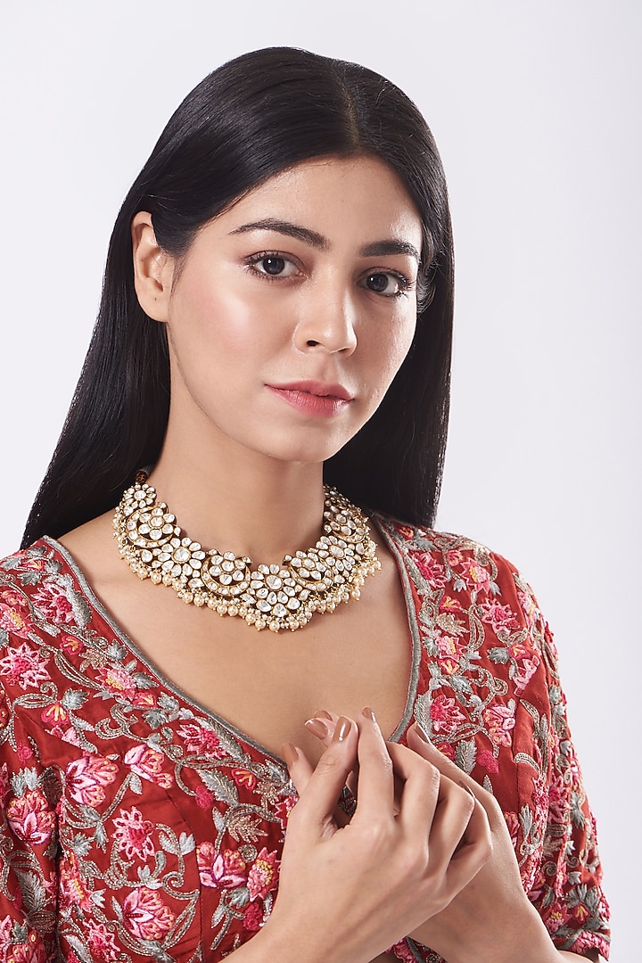 Gold Finish Moissanite Diamond Necklace In Sterling Silver by Vinanti Manji at Pernia's Pop Up Shop