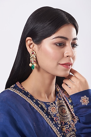 Gold Finish Pearl Earrings In Sterling Silver by Vinanti Manji