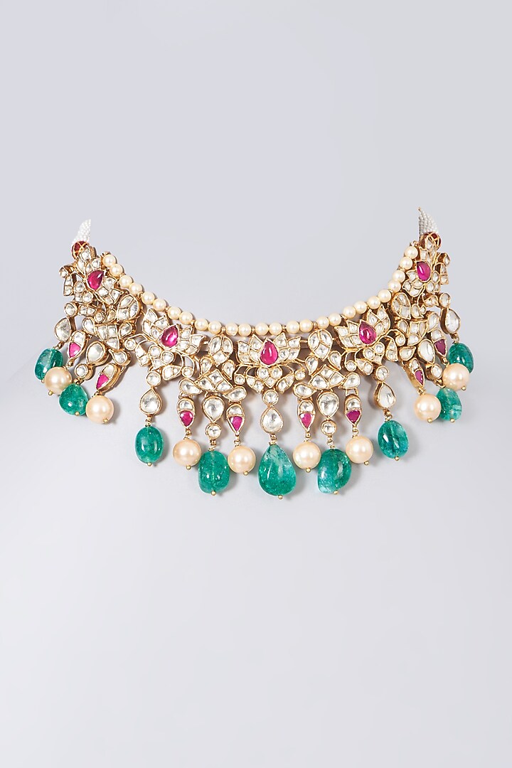 Gold Finish Kemp Stone Lotus Necklace In Sterling Silver by Vinanti Manji at Pernia's Pop Up Shop