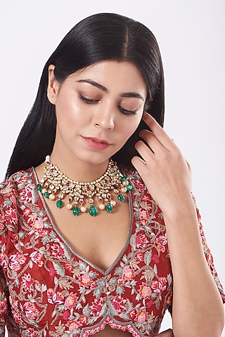 Gold Finish Kemp Stone Lotus Necklace In Sterling Silver by Vinanti Manji