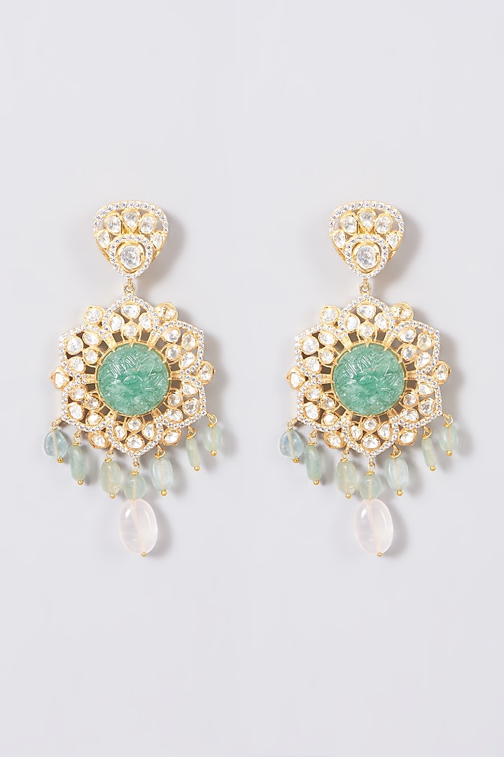 Gold Finish Carved Fluoride Stone Earrings In Sterling Silver by Vinanti Manji at Pernia's Pop Up Shop