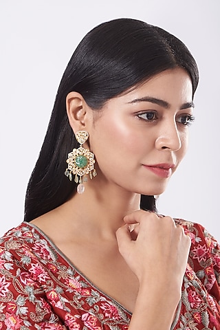 Gold Finish Carved Fluoride Stone Earrings In Sterling Silver by Vinanti Manji