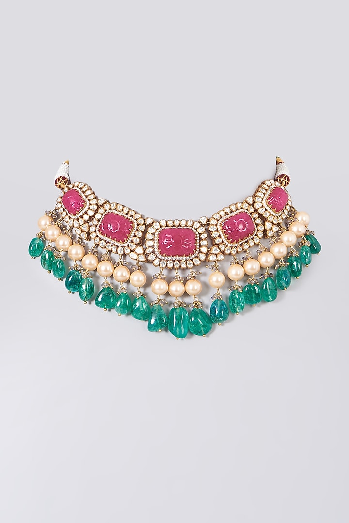 Gold Finish Pink Spinel Carved Stone Necklace In Sterling Silver by Vinanti Manji at Pernia's Pop Up Shop