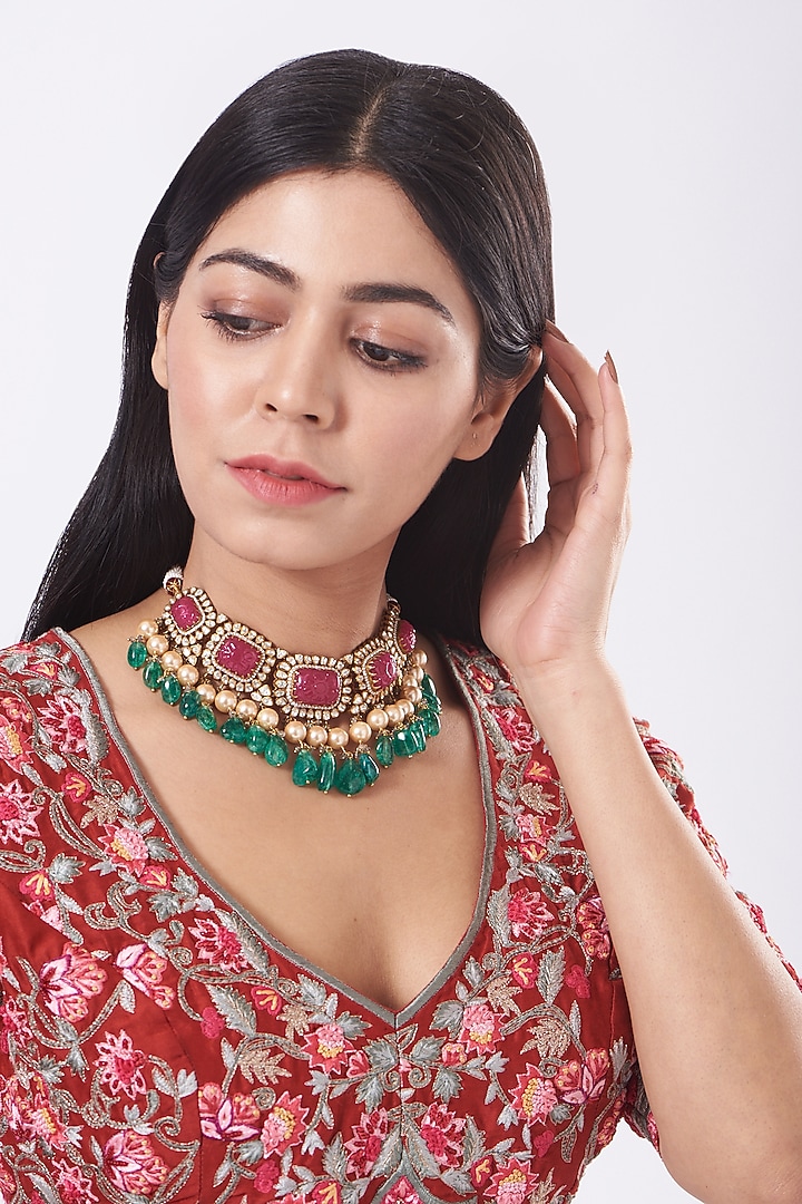 Gold Finish Pink Spinel Carved Stone Necklace In Sterling Silver by Vinanti Manji at Pernia's Pop Up Shop