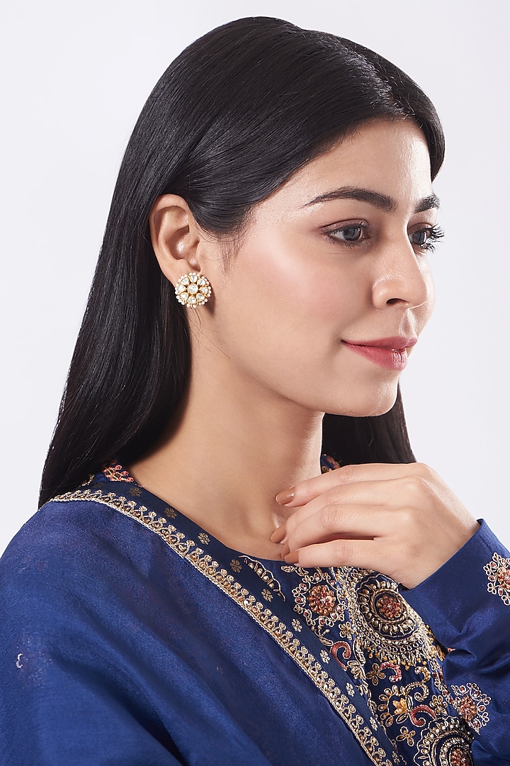 Gold Finish Moissanite Stone Stud Earrings In Sterling Silver by Vinanti Manji at Pernia's Pop Up Shop