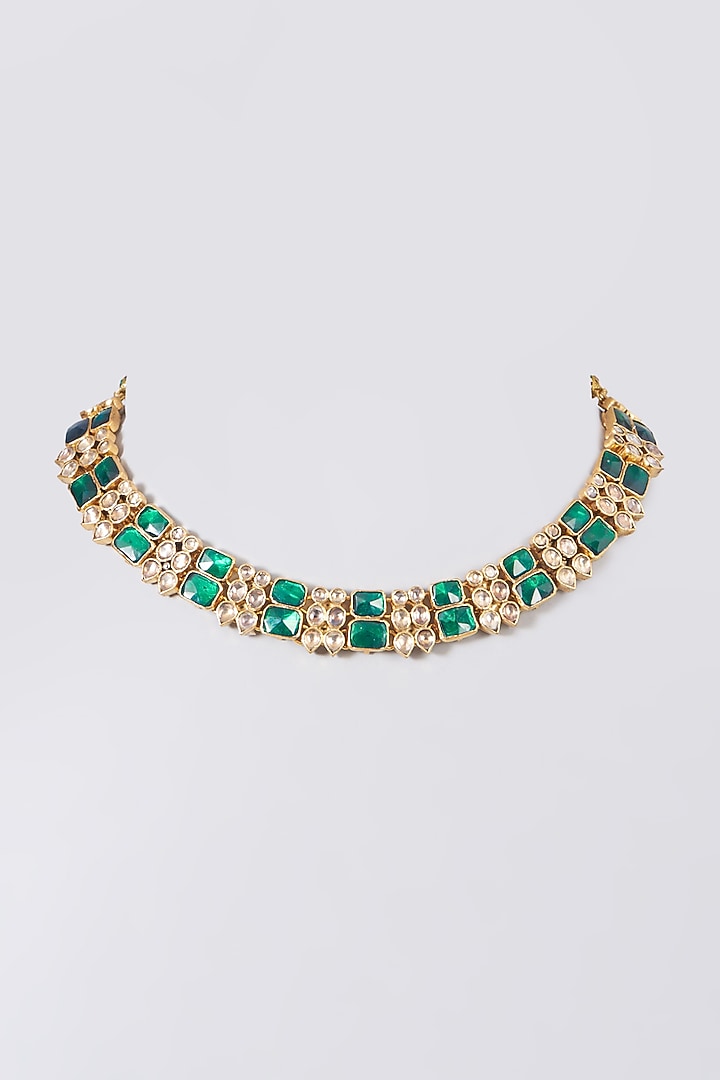 Gold Finish Kundan Polki Necklace In Sterling Silver by Vinanti Manji at Pernia's Pop Up Shop