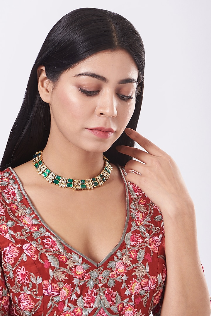 Gold Finish Kundan Polki Necklace In Sterling Silver by Vinanti Manji at Pernia's Pop Up Shop