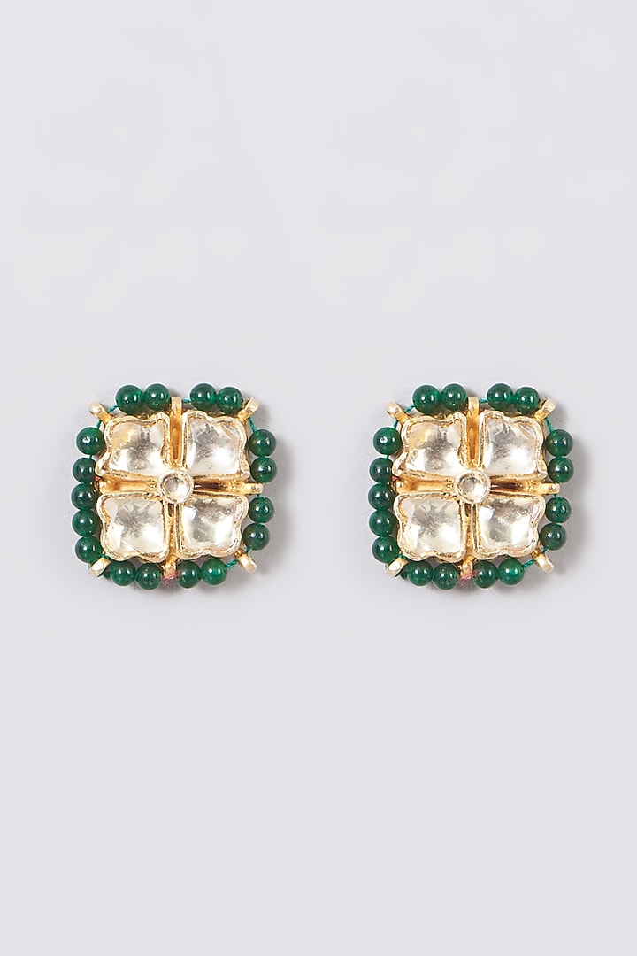 Gold Finish Green Onyx Beaded Stud Earrings In Sterling Silver by Vinanti Manji at Pernia's Pop Up Shop