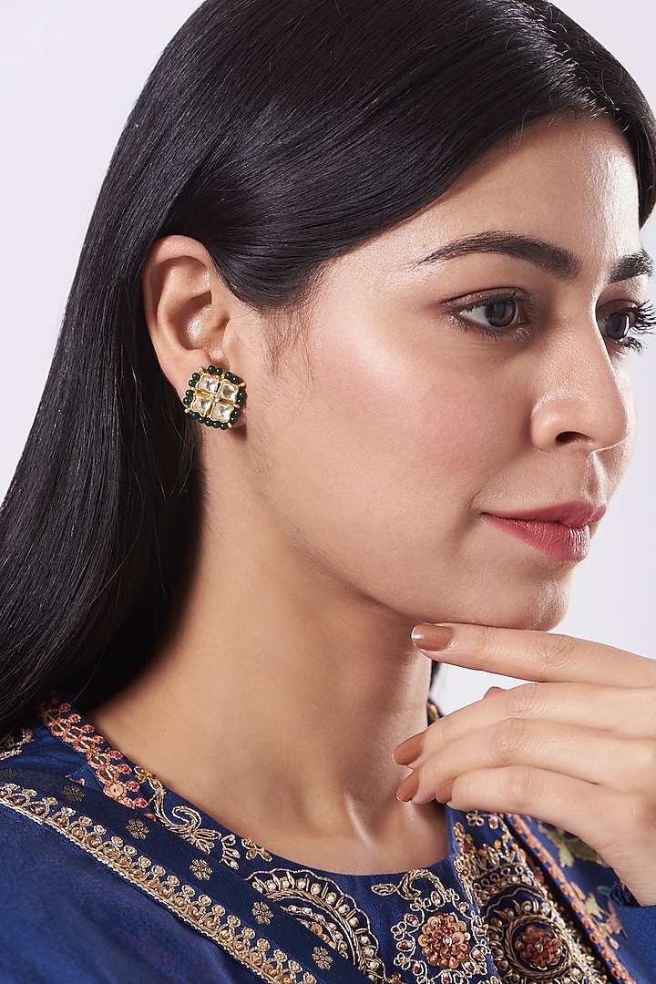 Gold Finish Green Onyx Beaded Stud Earrings In Sterling Silver by Vinanti Manji at Pernia's Pop Up Shop