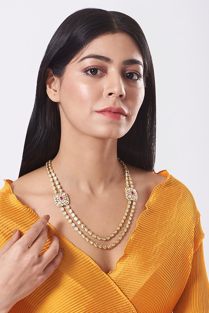 Gold Finish Moissanite Stone Necklace In Sterling Silver by Vinanti Manji at Pernia's Pop Up Shop