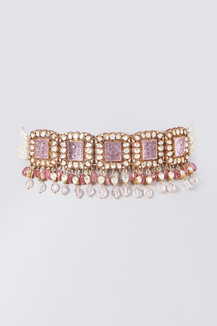 Gold Finish Rose Quartz & Pearl Necklace In Sterling Silver by Vinanti Manji at Pernia's Pop Up Shop