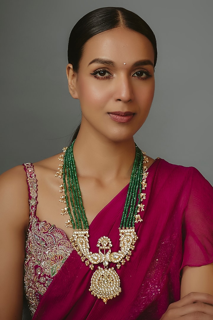 Gold Finish Kundan Polki & Green Beaded Long Necklace by Vivinia By Vidhi Mehra at Pernia's Pop Up Shop