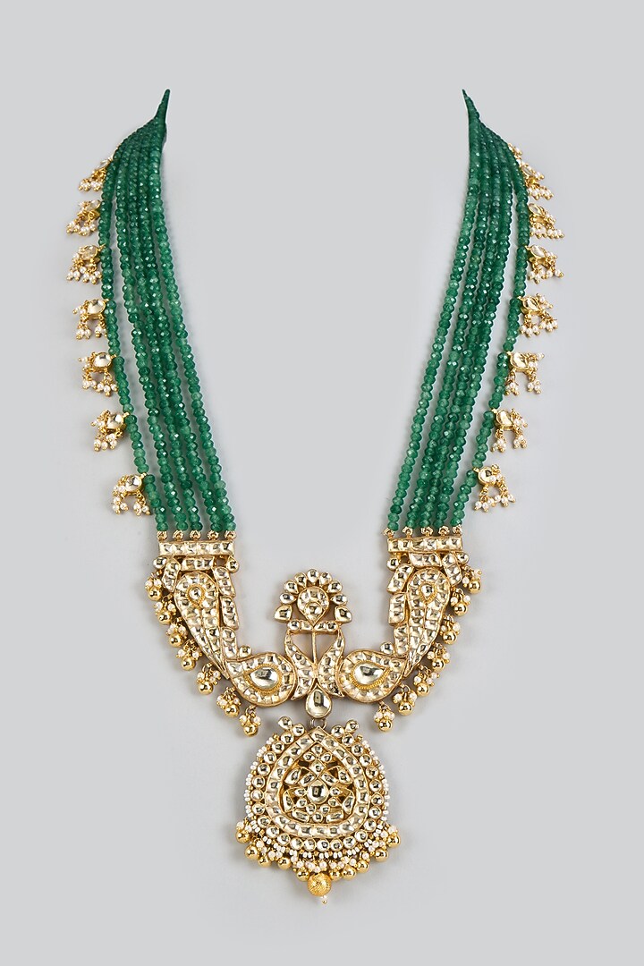 Gold Finish Kundan Polki & Green Beaded Long Necklace by Vivinia By Vidhi Mehra at Pernia's Pop Up Shop
