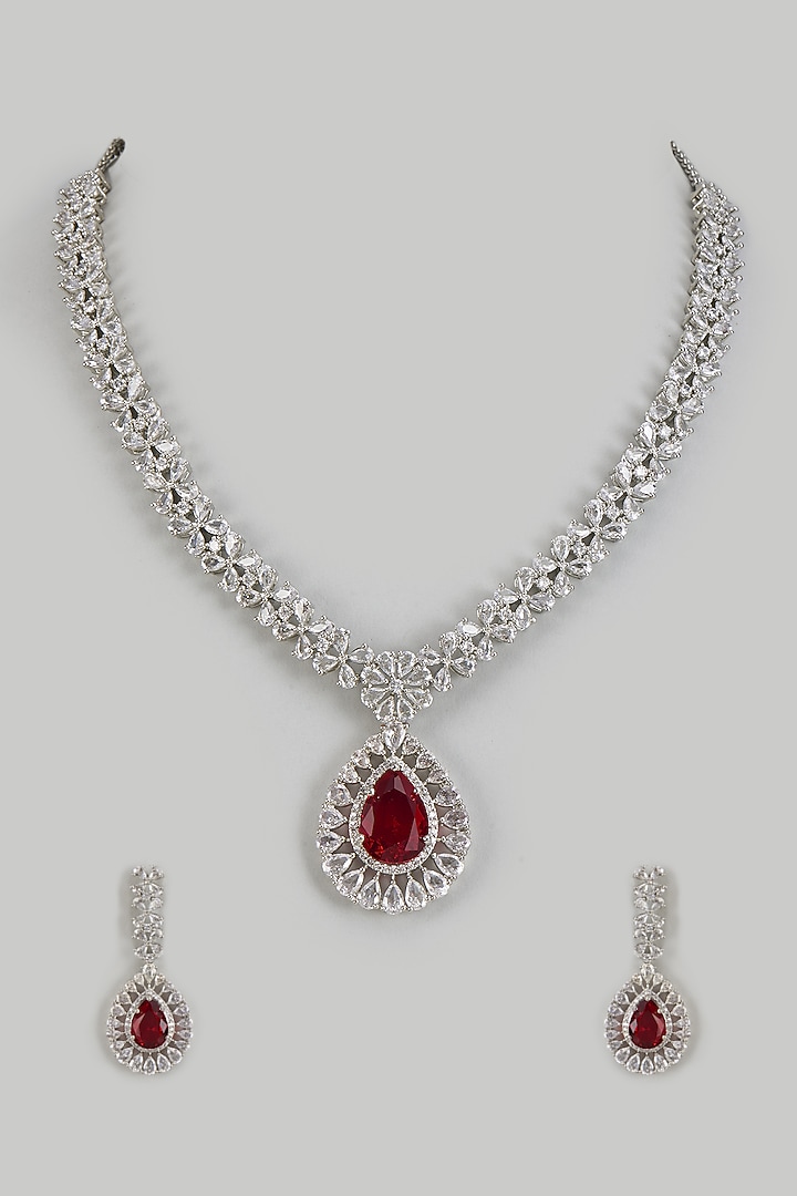 White Finish Zircon & Ruby Synthetic Stone Necklace Set by Vivinia By Vidhi Mehra at Pernia's Pop Up Shop