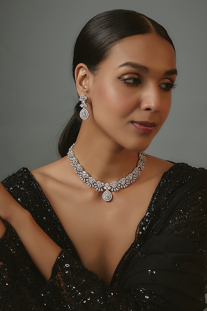 White Finish Zircon Necklace Set by Vivinia By Vidhi Mehra