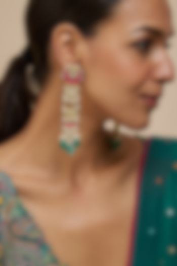 Gold Finish Kundan Polki & Green Bead Drop Dangler Earrings by Vivinia By Vidhi Mehra at Pernia's Pop Up Shop