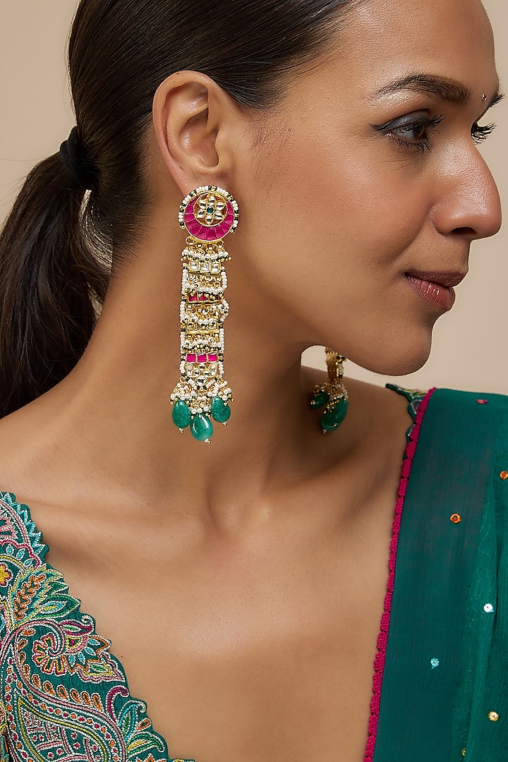 Gold Finish Kundan Polki & Green Bead Drop Dangler Earrings by Vivinia By Vidhi Mehra at Pernia's Pop Up Shop
