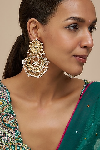 Gold Finish Kundan Polki & Drop Meenakari Chandbali Earrings by Vivinia By Vidhi Mehra