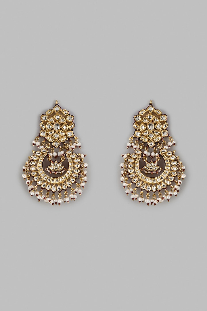 Gold Finish Kundan Polki & Drop Meenakari Chandbali Earrings by Vivinia By Vidhi Mehra at Pernia's Pop Up Shop