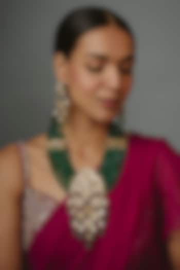 Gold Finish Kundan Polki & Green Beaded Long Necklace Set by Vivinia By Vidhi Mehra at Pernia's Pop Up Shop