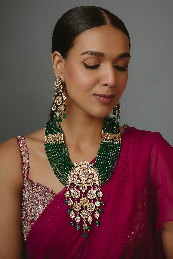 Gold Finish Kundan Polki & Green Beaded Long Necklace Set by Vivinia By Vidhi Mehra at Pernia's Pop Up Shop