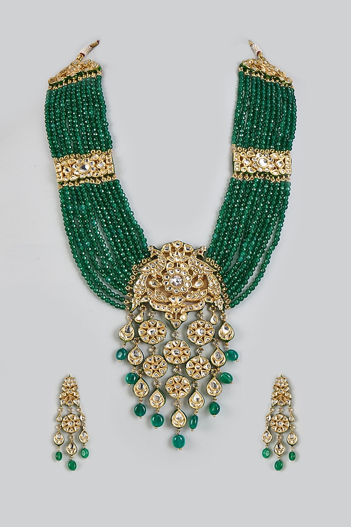 Gold Finish Kundan Polki & Green Beaded Long Necklace Set by Vivinia By Vidhi Mehra at Pernia's Pop Up Shop