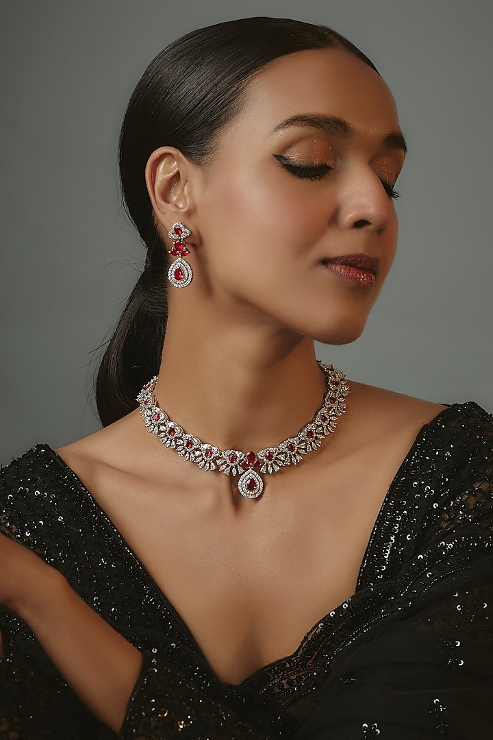 White Finish Zircon & Ruby Synthetic Stone Necklace Set by Vivinia By Vidhi Mehra