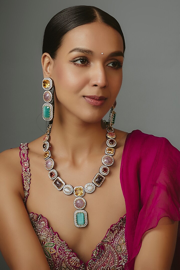 White Finish Multi-Colored Synthetic Stone Necklace Set by Vivinia By Vidhi Mehra at Pernia's Pop Up Shop