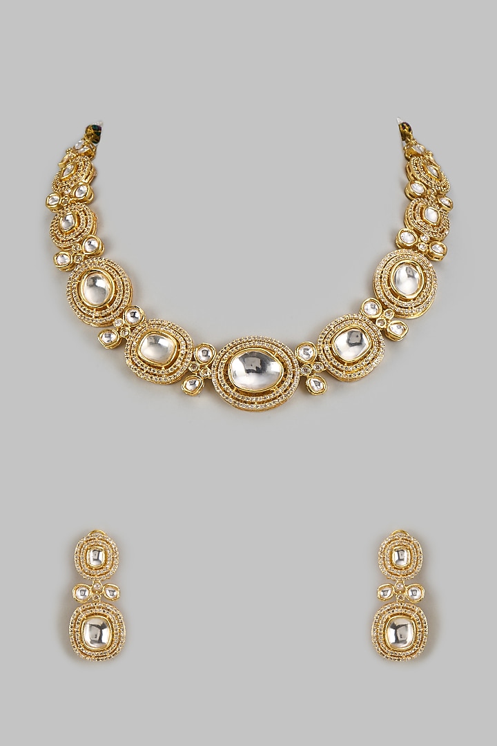 Gold Finish Kundan Polki Necklace Set by Vivinia By Vidhi Mehra at Pernia's Pop Up Shop