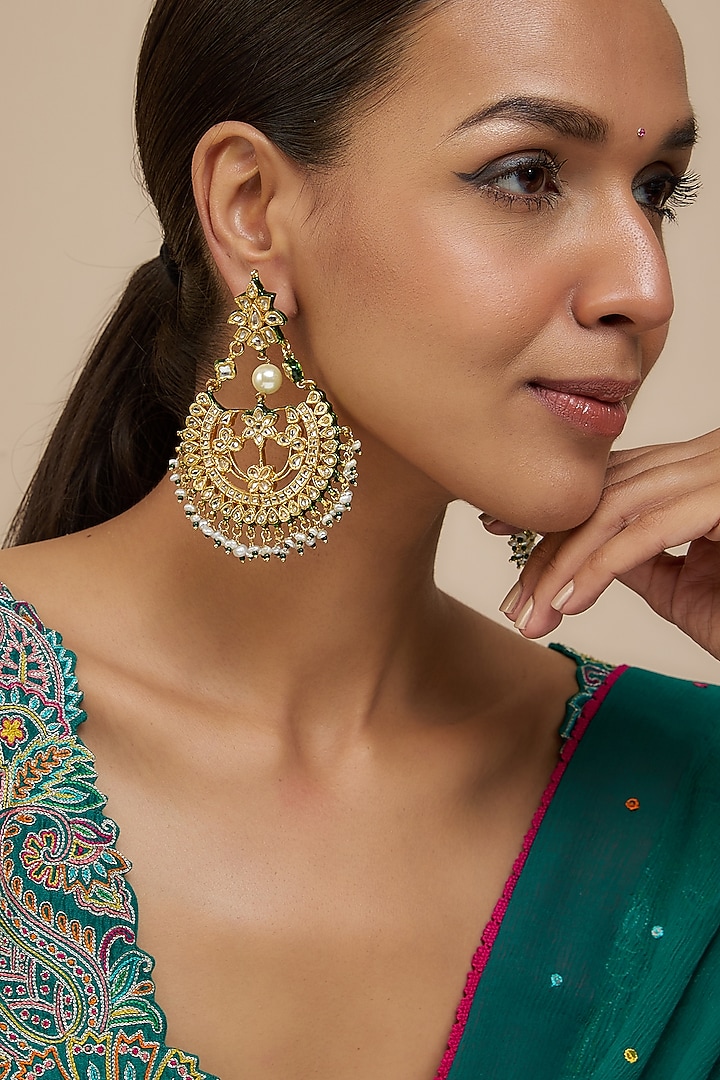 Gold Finish Kundan Polki Chandbali Earrings by Vivinia By Vidhi Mehra at Pernia's Pop Up Shop