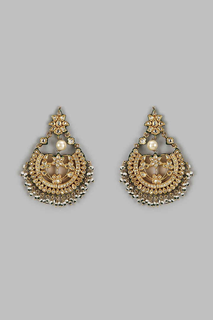 Gold Finish Kundan Polki Chandbali Earrings by Vivinia By Vidhi Mehra at Pernia's Pop Up Shop