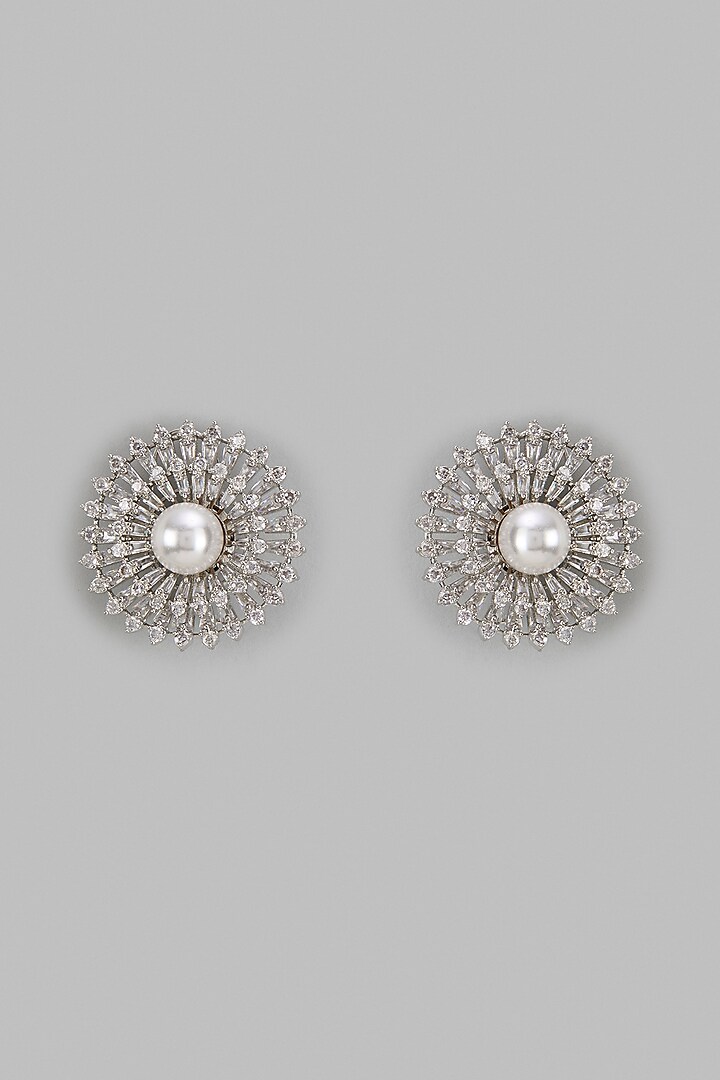 White Finish Zircon & Pearl Stud Earrings by Vivinia By Vidhi Mehra