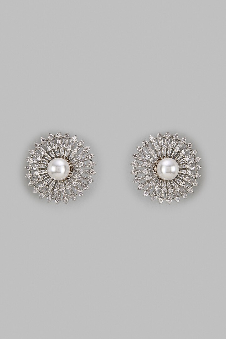 White Finish Zircon & Pearl Stud Earrings by Vivinia By Vidhi Mehra at Pernia's Pop Up Shop