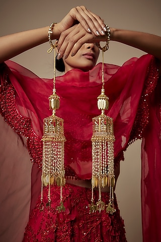Gold Finish Pearl & Bird Motif Tying Kaleeras (Set Of 2) by Vivinia By Vidhi Mehra