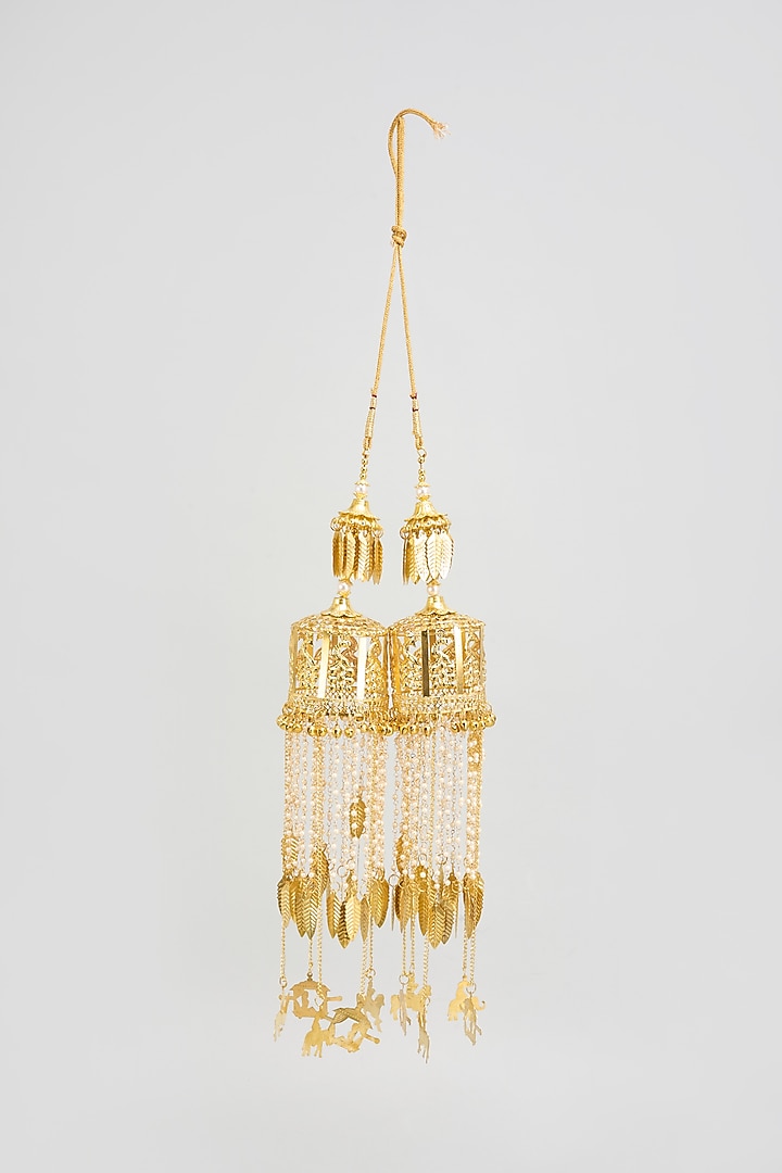 Gold Finish Pearl & Bird Motif Tying Kaleeras (Set Of 2) by Vivinia By Vidhi Mehra at Pernia's Pop Up Shop