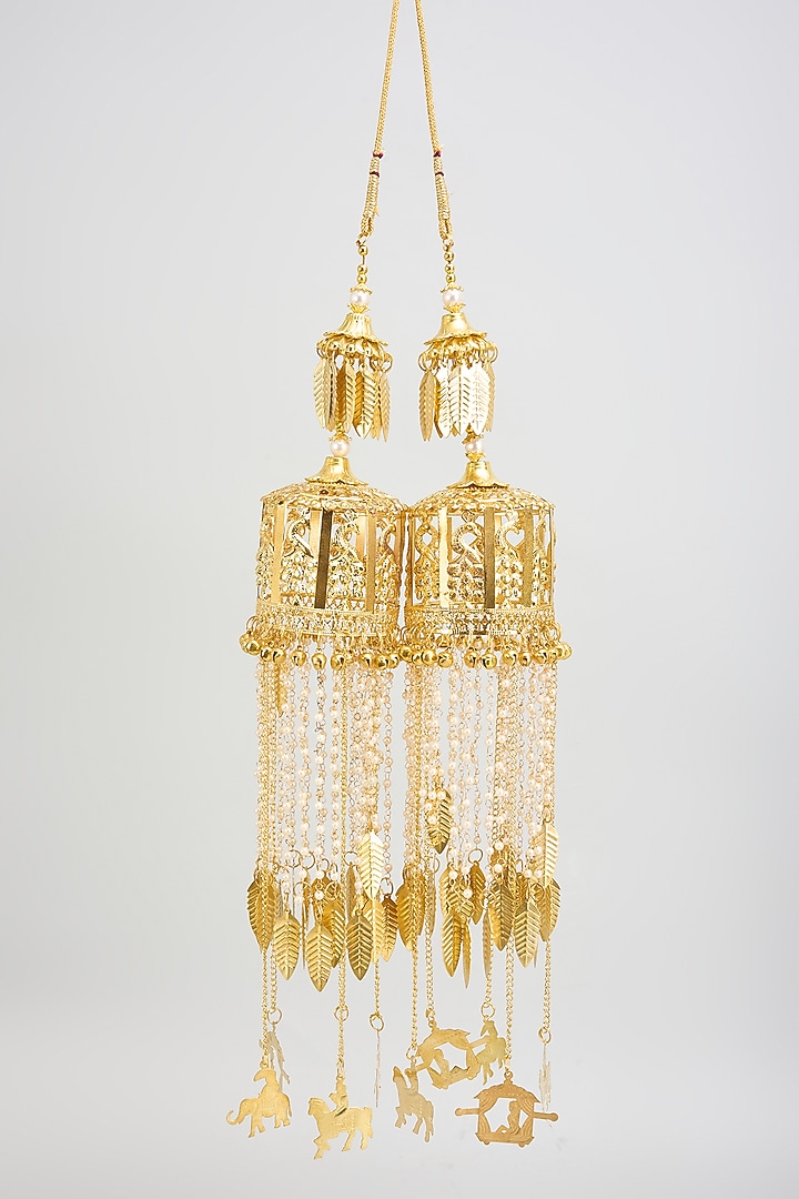 Gold Finish Pearl & Bird Motif Tying Kaleeras (Set Of 2) by Vivinia By Vidhi Mehra at Pernia's Pop Up Shop