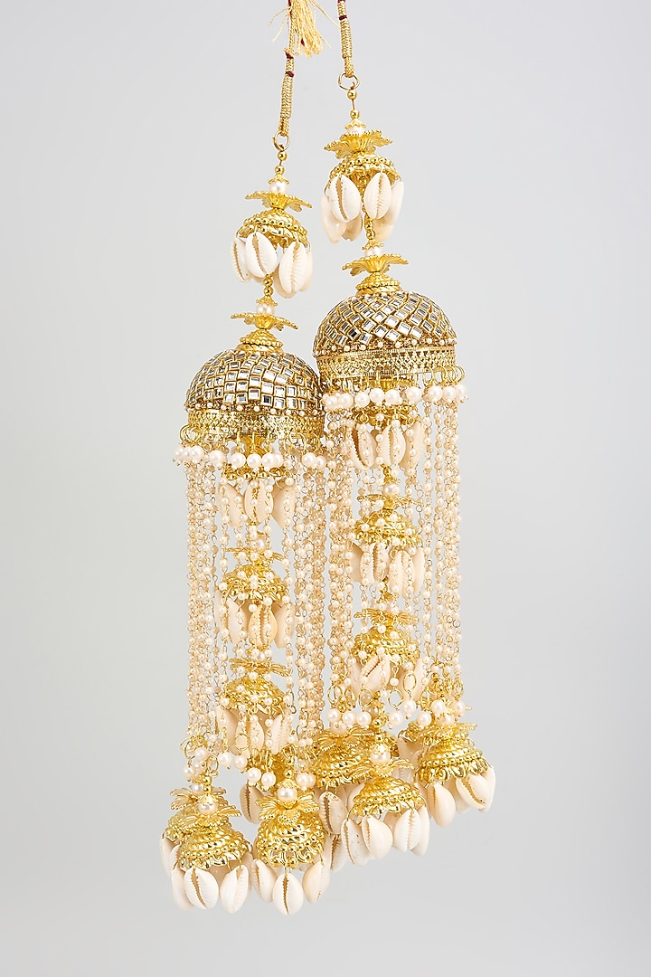 Gold Finish Shell Charm Tying Kaleeras (Set Of 2) by Vivinia By Vidhi Mehra at Pernia's Pop Up Shop