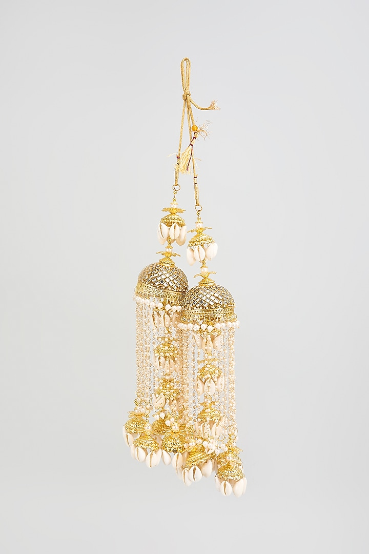 Gold Finish Shell Charm Tying Kaleeras (Set Of 2) by Vivinia By Vidhi Mehra at Pernia's Pop Up Shop