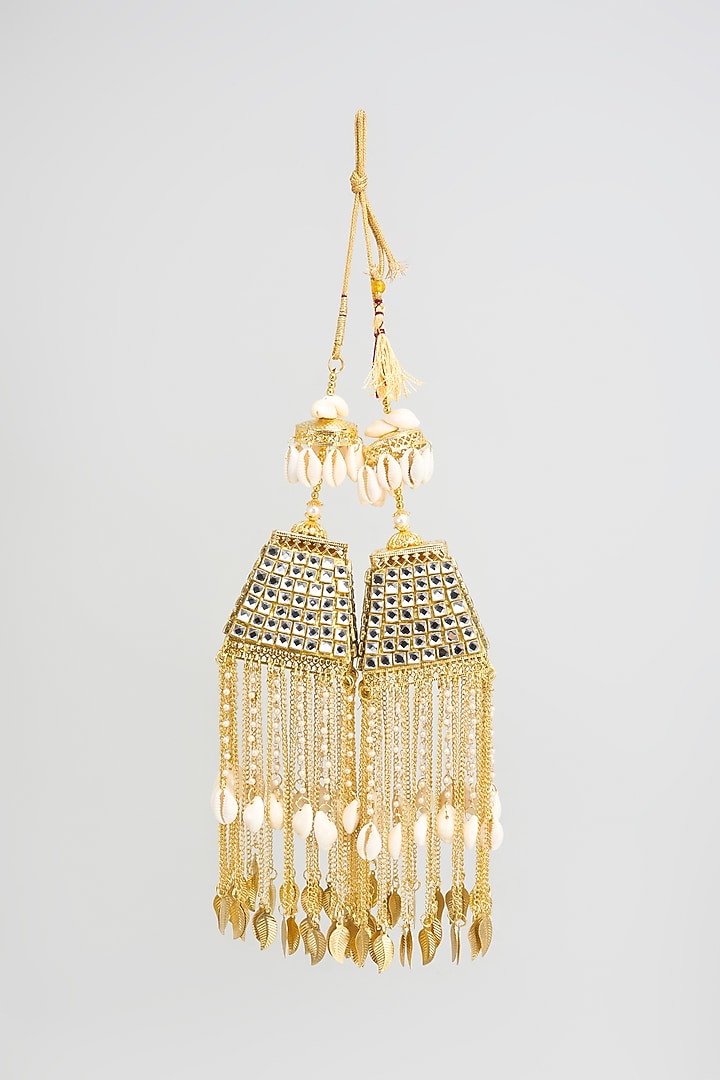 Gold Finish Kundan Polki & Charm Tying Kaleeras (Set Of 2) by Vivinia By Vidhi Mehra at Pernia's Pop Up Shop