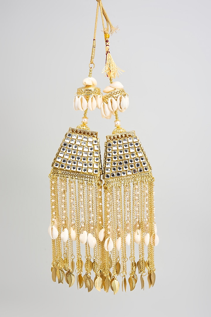 Gold Finish Kundan Polki & Charm Tying Kaleeras (Set Of 2) by Vivinia By Vidhi Mehra at Pernia's Pop Up Shop