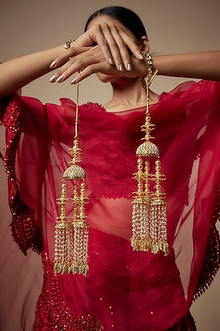 Gold Finish Pearl Strands & Charm Tying Kaleeras (Set Of 2) by Vivinia By Vidhi Mehra