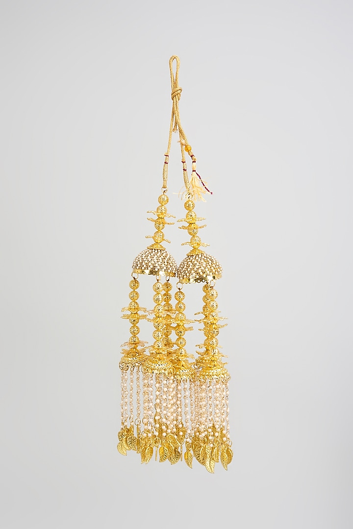 Gold Finish Pearl Strands & Charm Tying Kaleeras (Set Of 2) by Vivinia By Vidhi Mehra at Pernia's Pop Up Shop