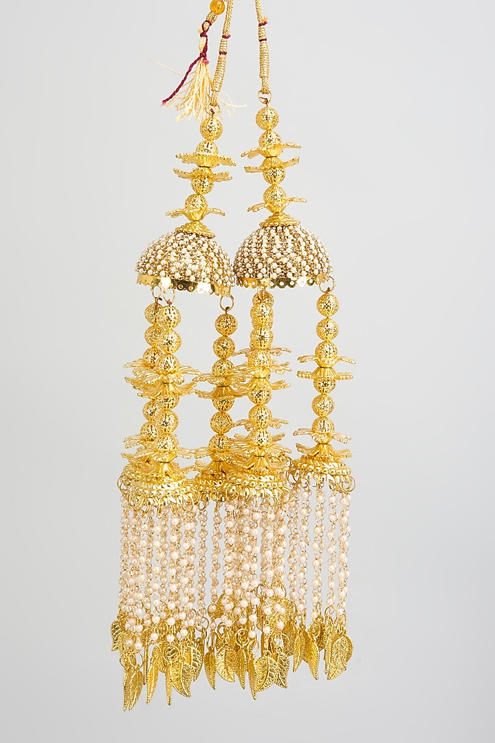 Gold Finish Pearl Strands & Charm Tying Kaleeras (Set Of 2) by Vivinia By Vidhi Mehra at Pernia's Pop Up Shop