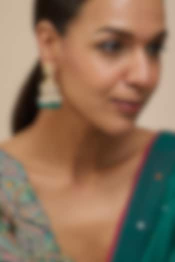 Gold Finish Kundan Polki & Green Bead Drop Jhumka Earrings by Vivinia By Vidhi Mehra