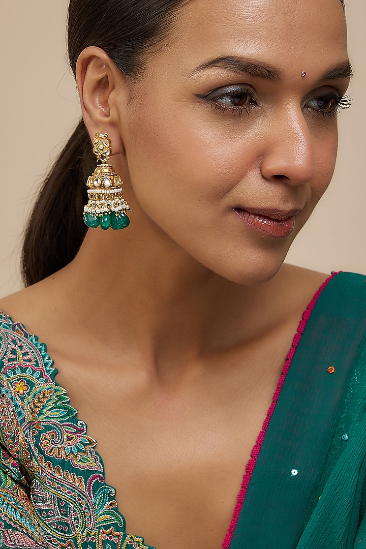 Gold Finish Kundan Polki & Green Bead Drop Jhumka Earrings by Vivinia By Vidhi Mehra