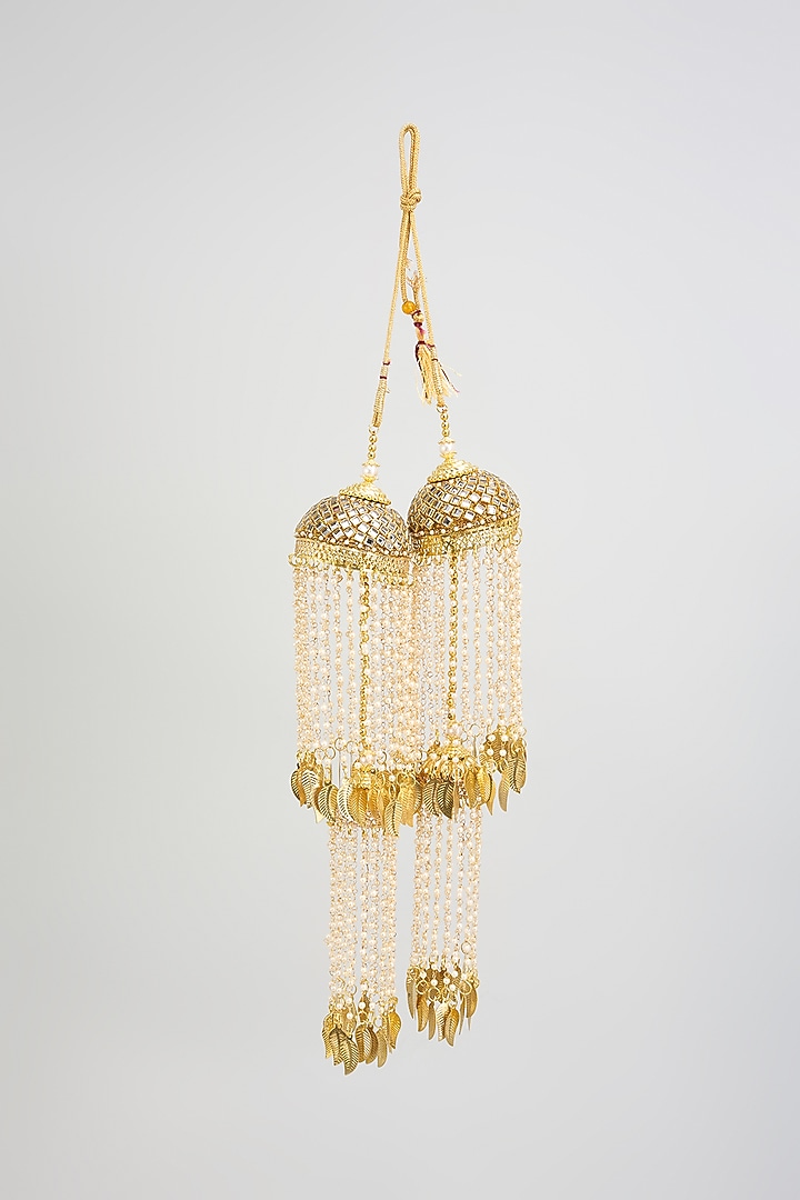Gold Finish Beaded Strands Tying Kaleeras (Set Of 2) by Vivinia By Vidhi Mehra at Pernia's Pop Up Shop